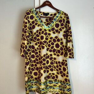 BODEN Retro Ladies Floral Yellow Purple  MOD Boho Cotton Mini Dress size large